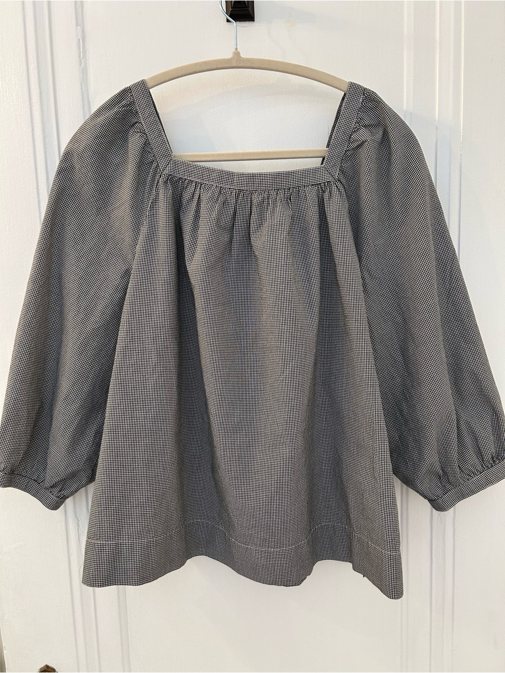 J. Crew Grey Check Square-Neck Peasant Top